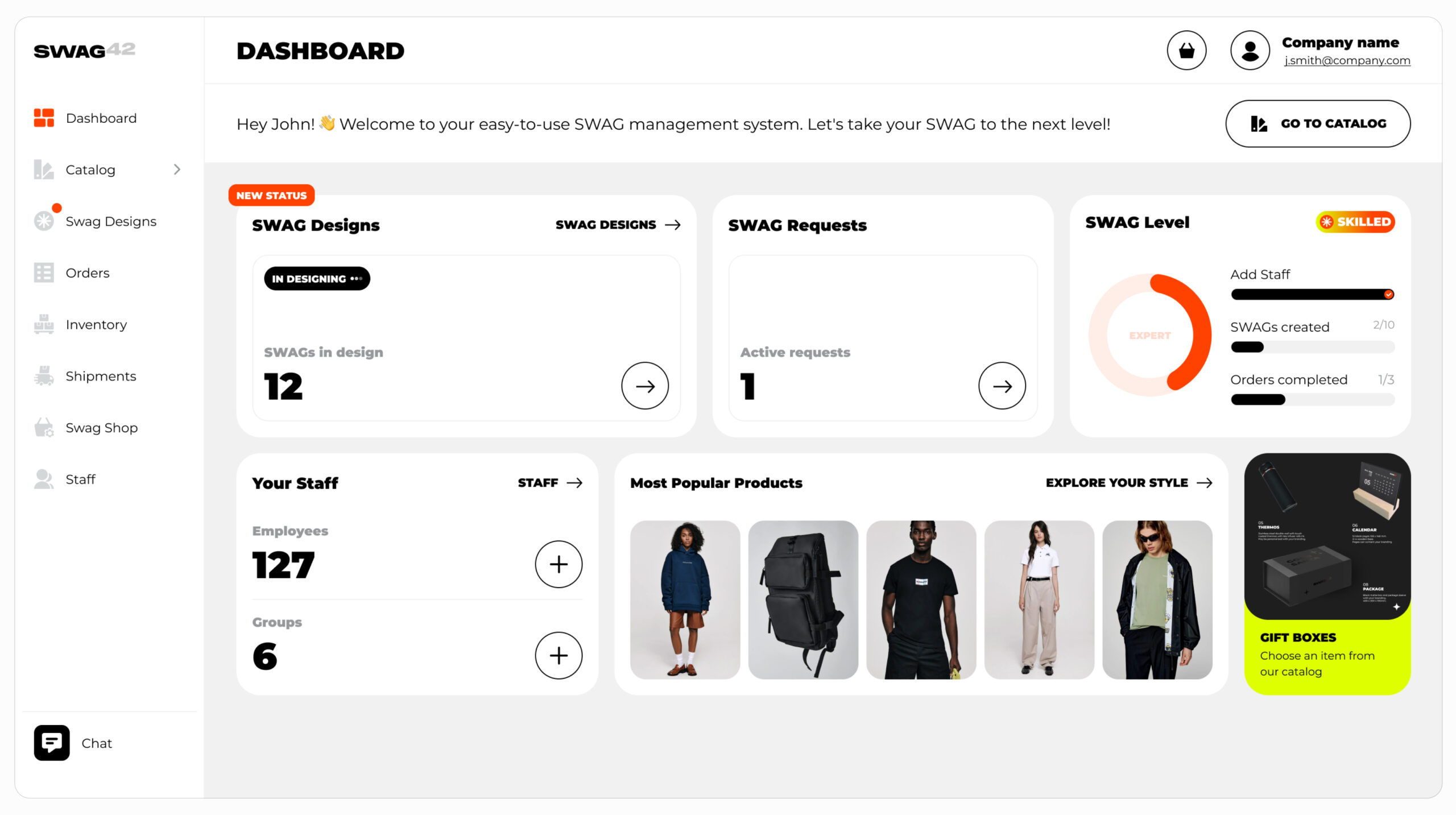 Swag42 Platform dashboard for easy breanded merch ordering and management