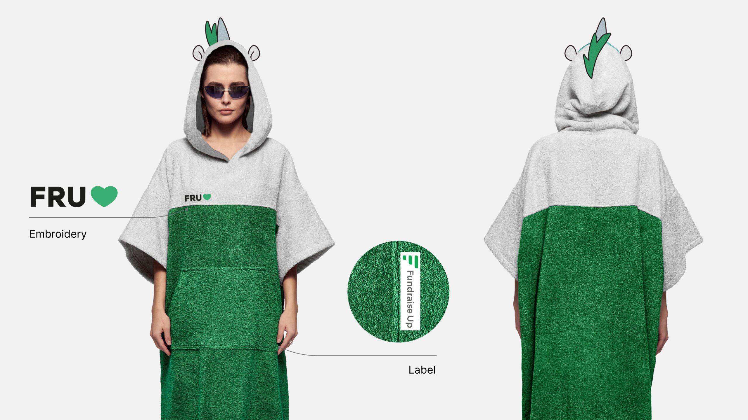 Green and white poncho towel with unicorn mascot for Fundraise Up