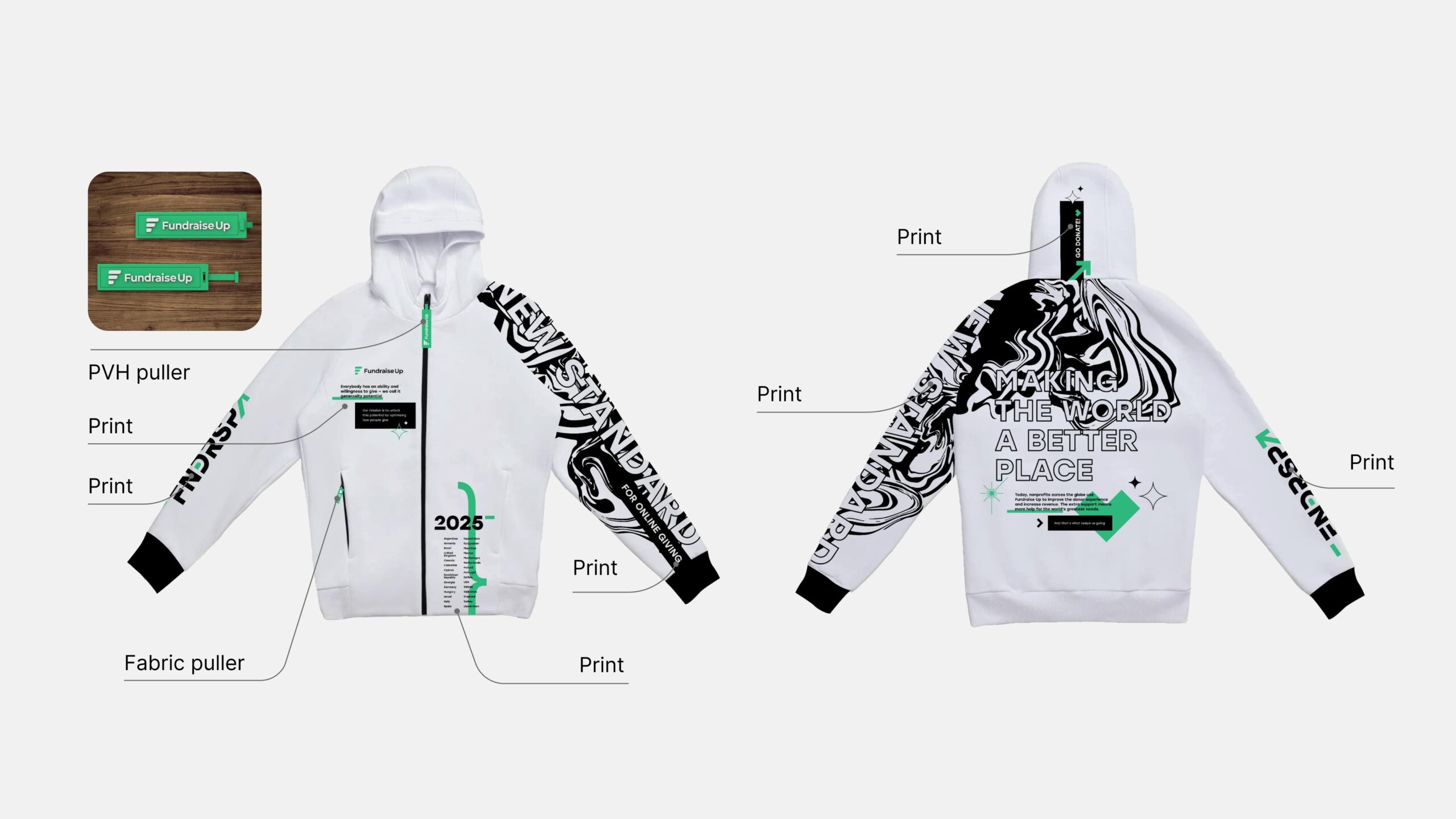 Custom hoodies with all-over-print branding and branded pullers for Fundraise Up- holiday gifts for employees