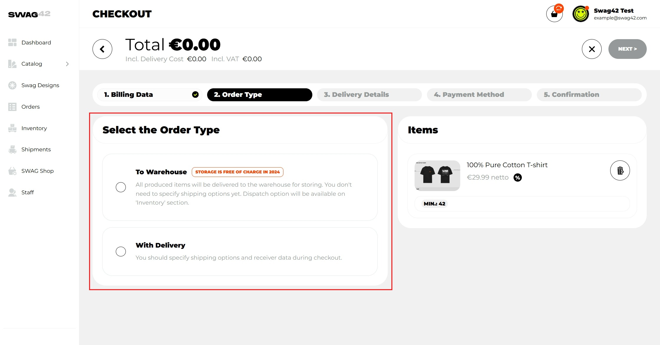 Selecting order type for finalizing swag packs order