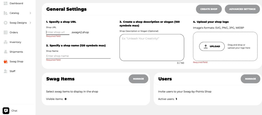 Swag shop creation dashboard