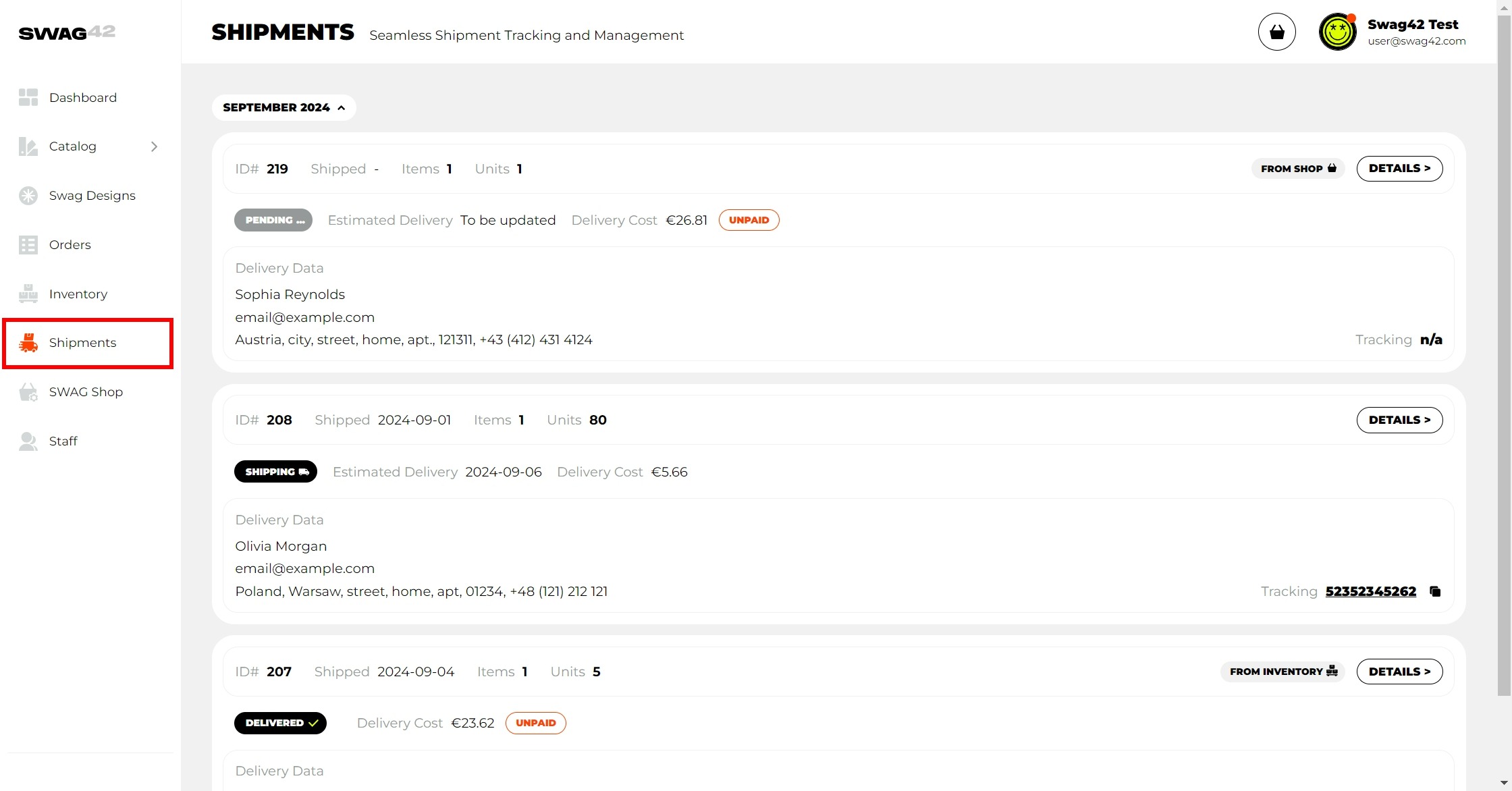 Swag shipment tracking online