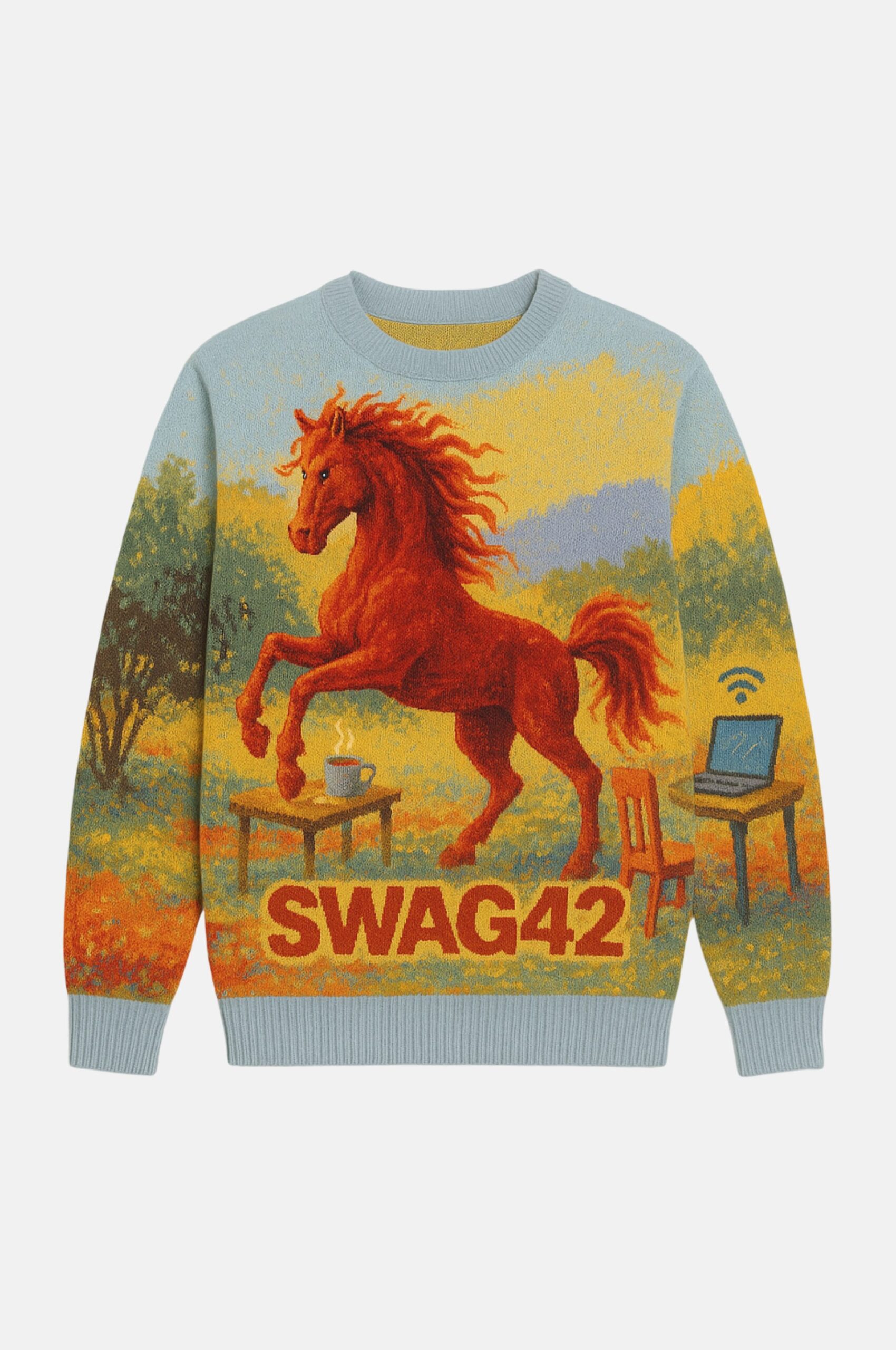 Custom cotton holiday sweater with humorous design - horses