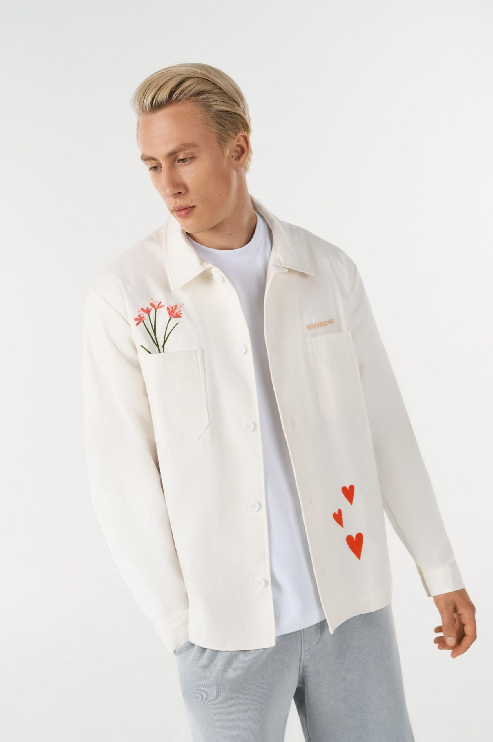 Custom denim jacket with all-over embroidery for eco-friedly swag