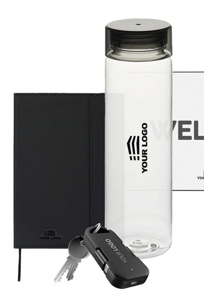 Branded water bottle, key chain, and notebook