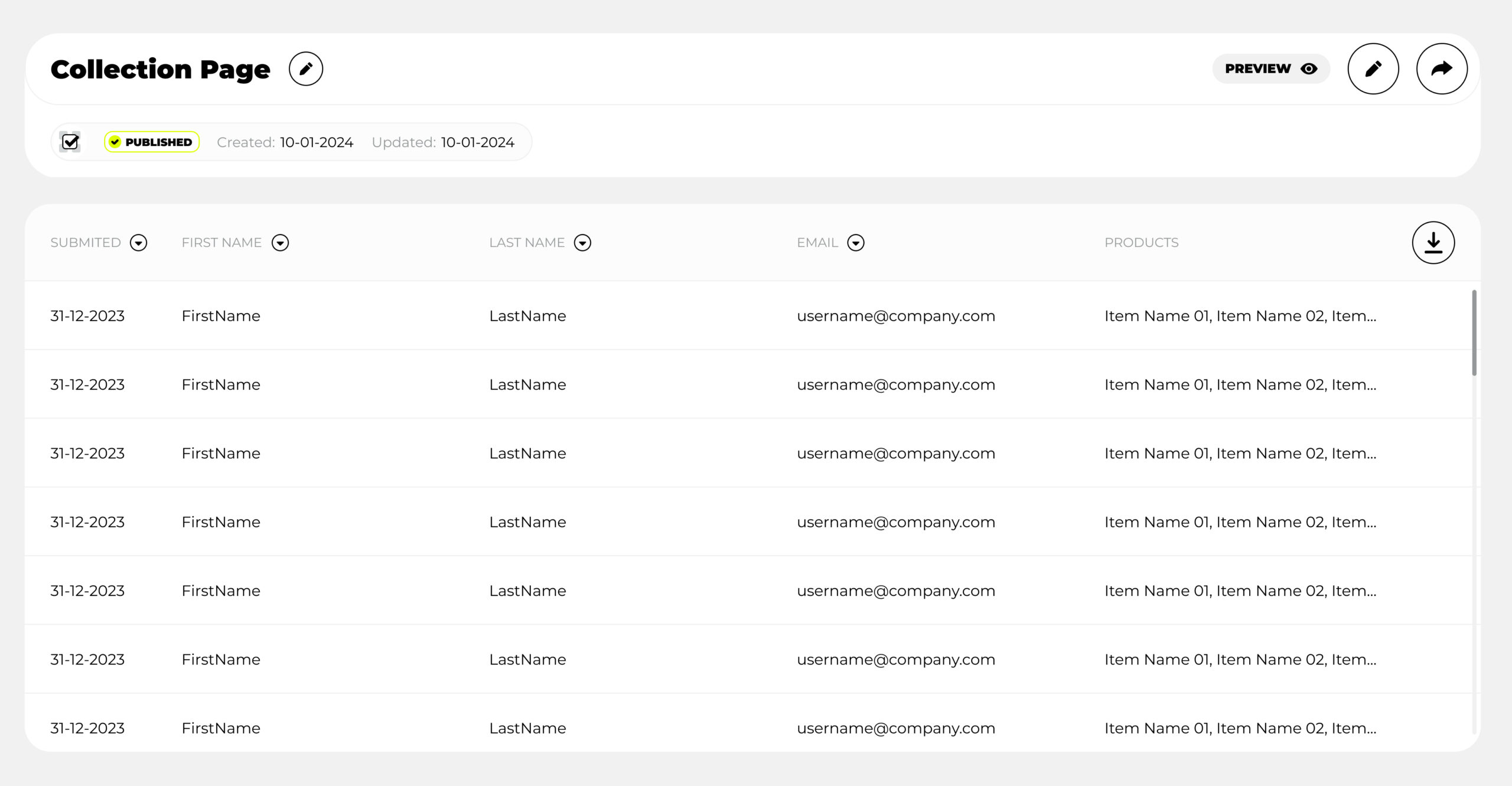 Admin view: downloadable branded corporate gifts data spreadsheet