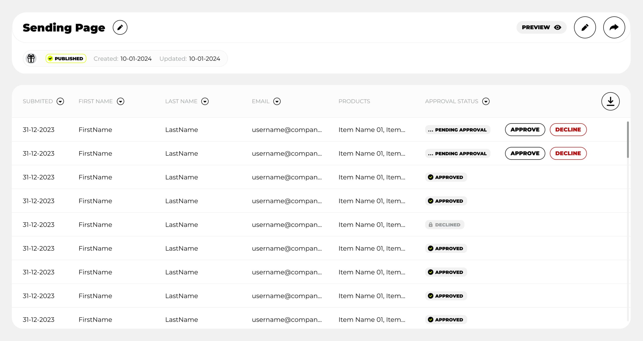 Admin view: swag order approval